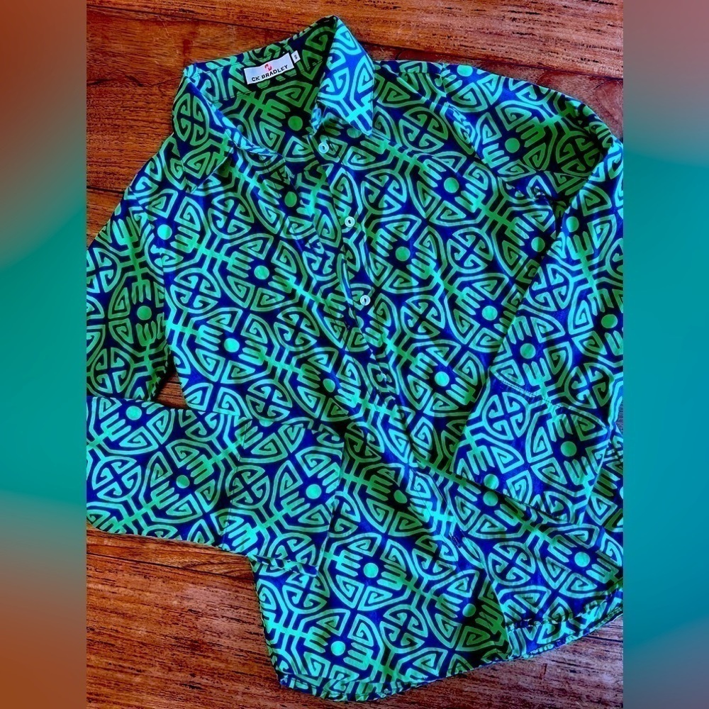 Vibrant Green and Blue Geometric Button Down Shirt